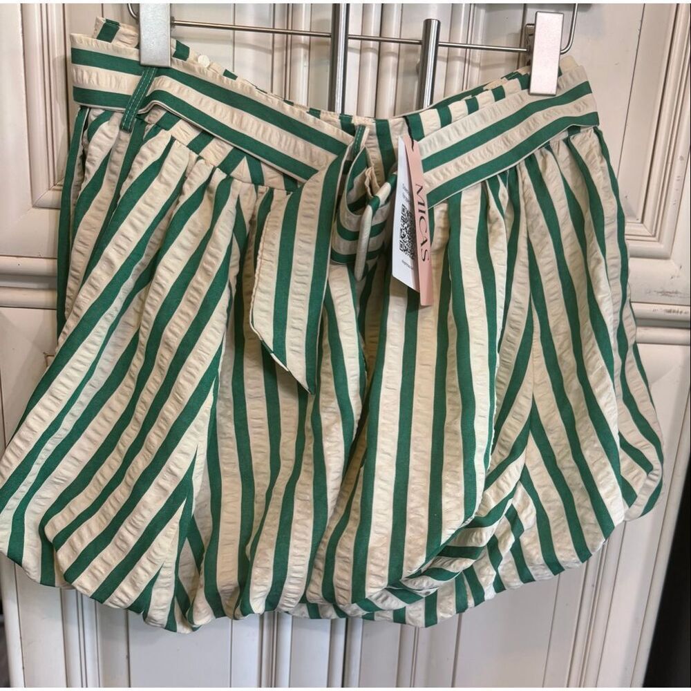 Micas Women's Striped Textured Ruched Belted High Waist Shorts Green Medium NWT